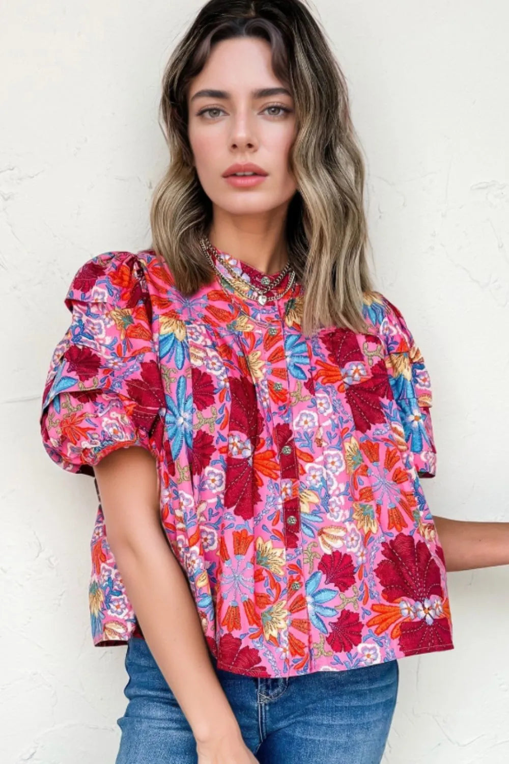 Floral Puff Sleeve Button-Up Top OutfitFlow