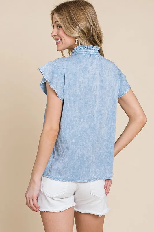 Lime 'N' Chili Mineral Wash Flutter Sleeve Button Down Shirt OutfitFlow