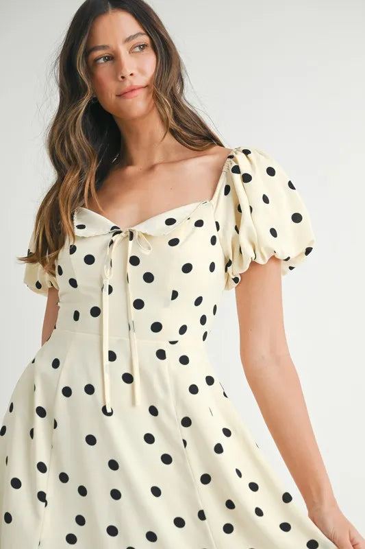 MABLE Polka Dot Puff Sleeve Midi Dress OutfitFlow