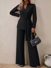 Tie-Waist Long Sleeve Top and Pants Set Black OutfitFlow