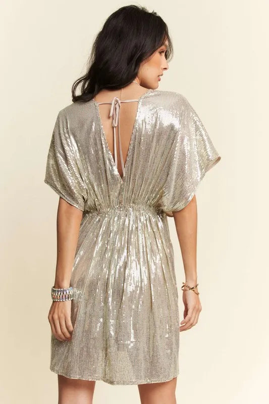 Davi & Dani Sequin Plunge Neck Knot Cut Out Tie Back Party Dress OutfitFlow