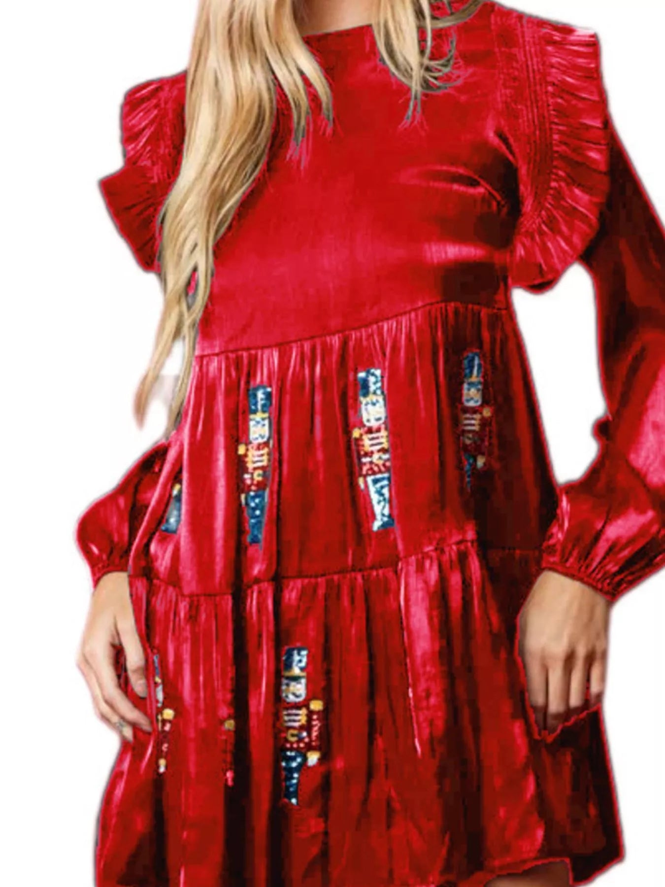 Christmas Ruffled Nutcracker Long Sleeve Dress Red OutfitFlow
