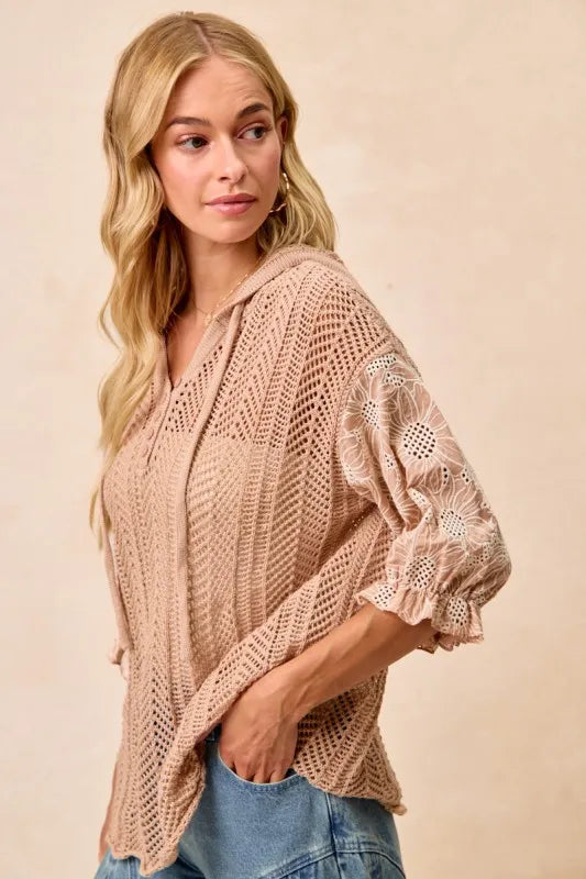 BiBi Jacquard Flower Puff Sleeve Hooded Knit Top OutfitFlow