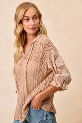 BiBi Jacquard Flower Puff Sleeve Hooded Knit Top OutfitFlow