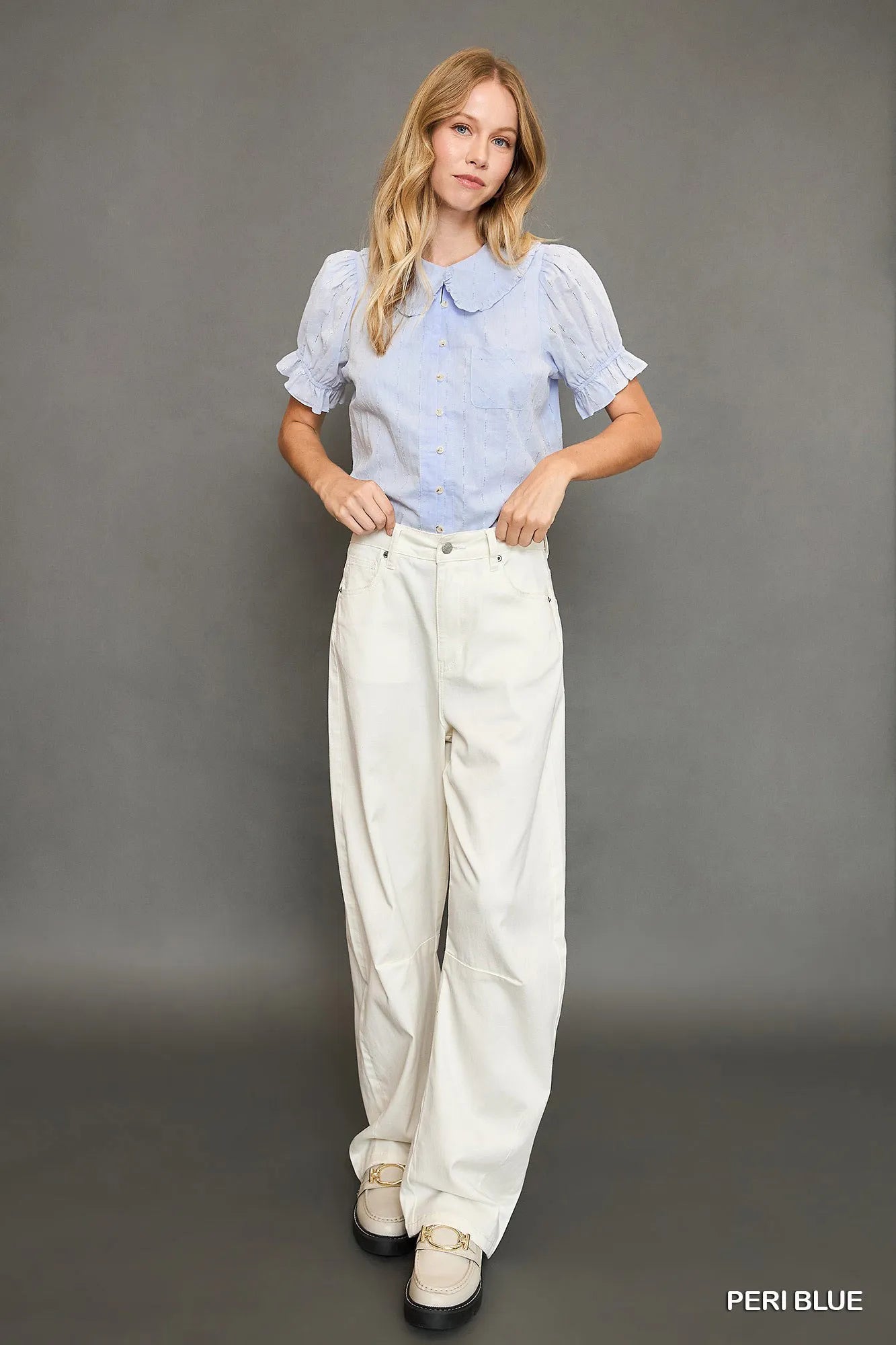 Umgee Peter Pan Collared Button Down Textured Shirt with Ruffled Detail Trendsi