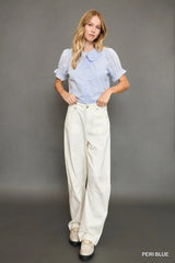 Umgee Peter Pan Collared Button Down Textured Shirt with Ruffled Detail Trendsi