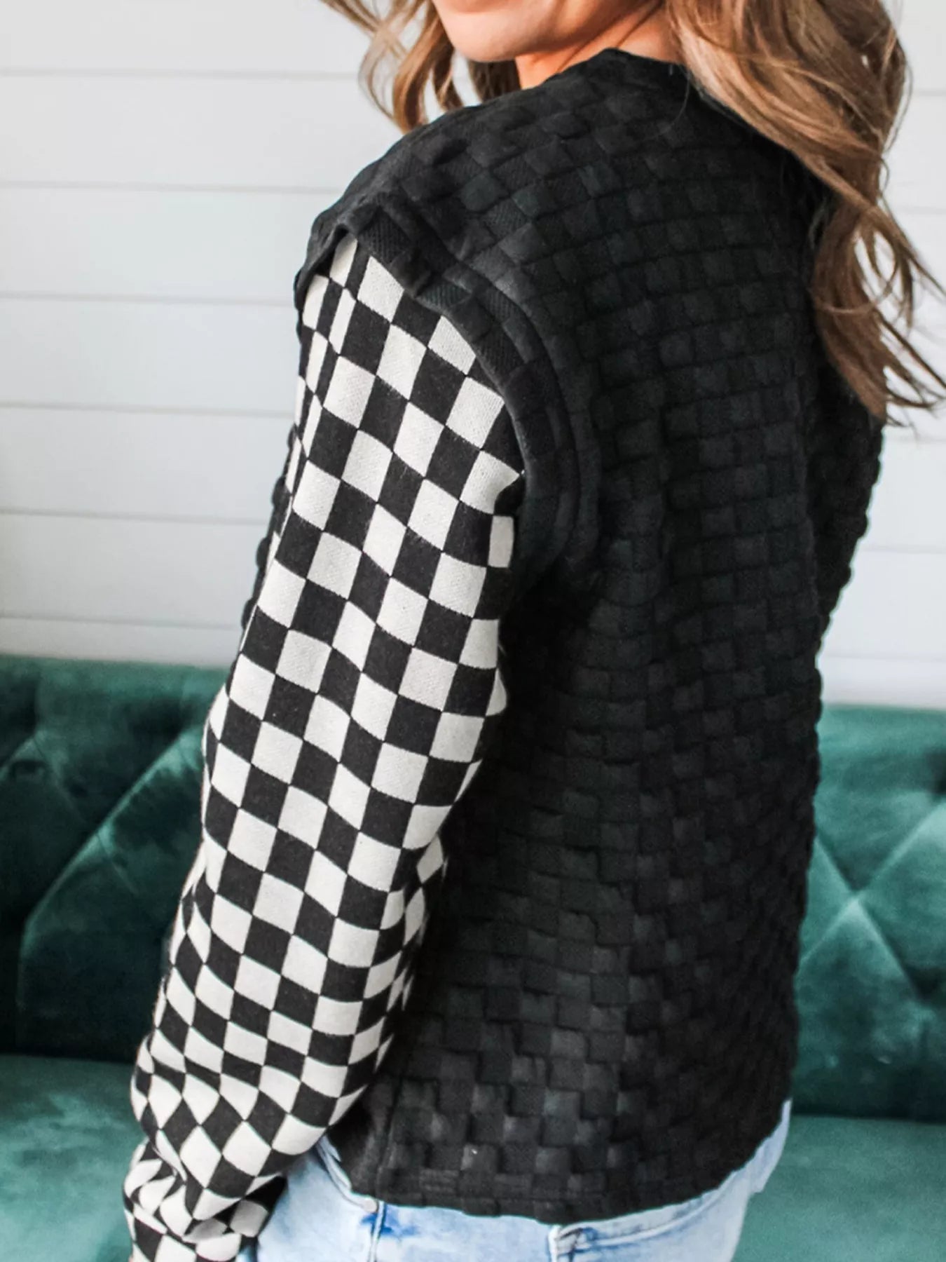 Textured Contrast Checkered Patchwork Long Sleeve Top OutfitFlow