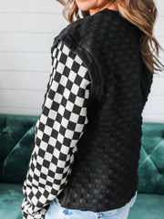 Textured Contrast Checkered Patchwork Long Sleeve Top OutfitFlow