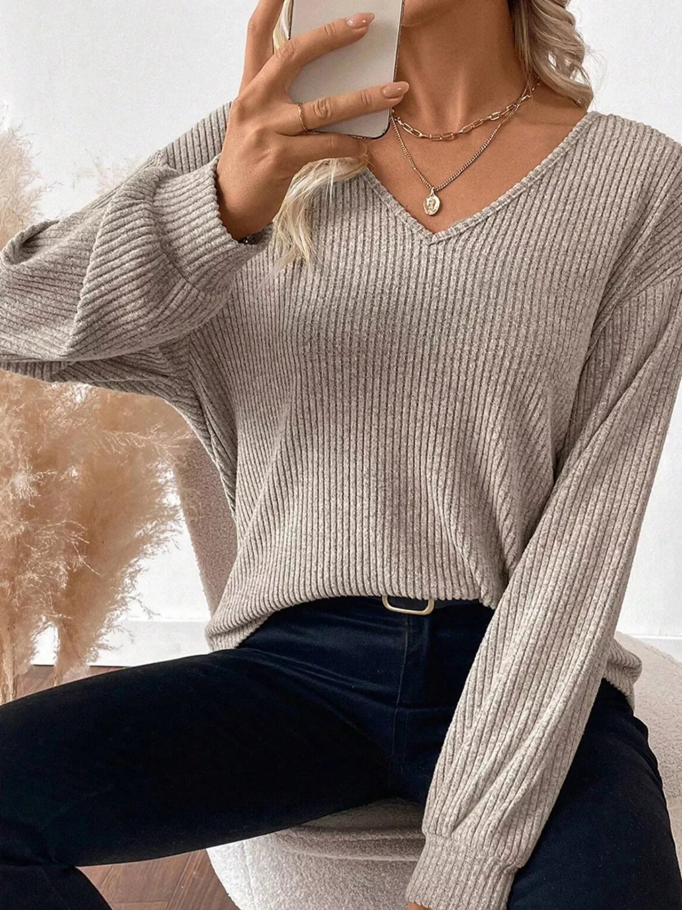 Ribbed V Neck Contrast Ribbon Bow Back Drop Shoulder Long Sleeve Top OutfitFlow