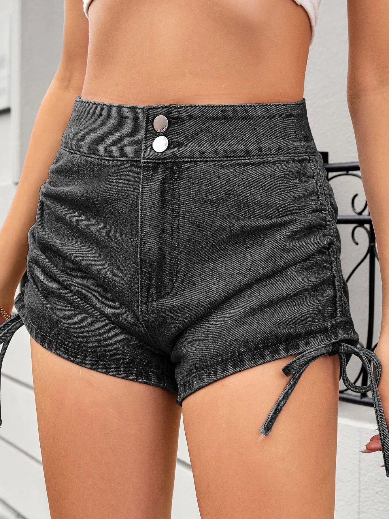 Ruched Side Drawstring Denim Shorts OutfitFlow