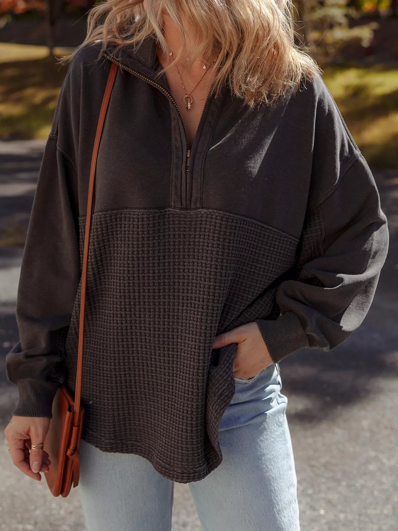 Waffle Knit Patchwork Half Zipped Casual Sweatshirt OutfitFlow