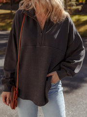 Waffle Knit Patchwork Half Zipped Casual Sweatshirt OutfitFlow