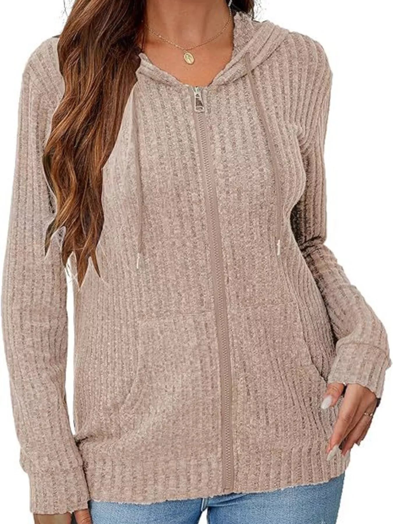 Ribbed Zip Up Hooded Outerwear Trendsi