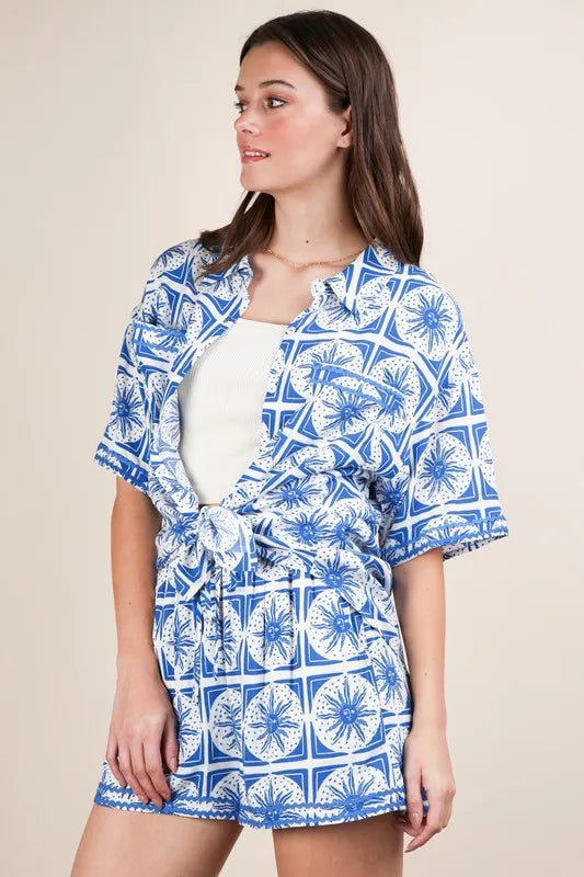 VERY J Full Size Tropical Printed Shirt Top and Shorts Set Plus Size OutfitFlow