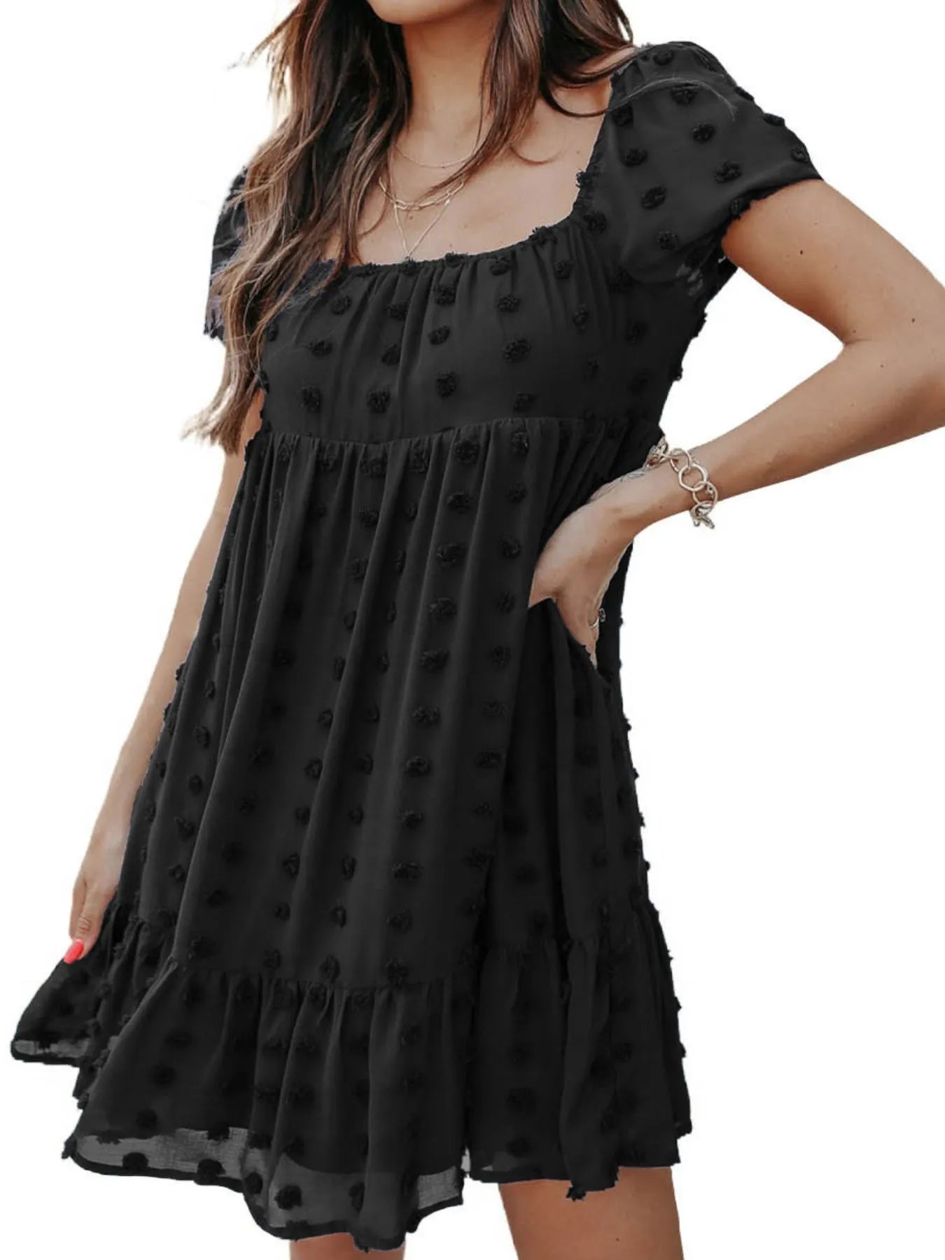 Swiss Dot Square Neck Mini Dress Black OutfitFlow