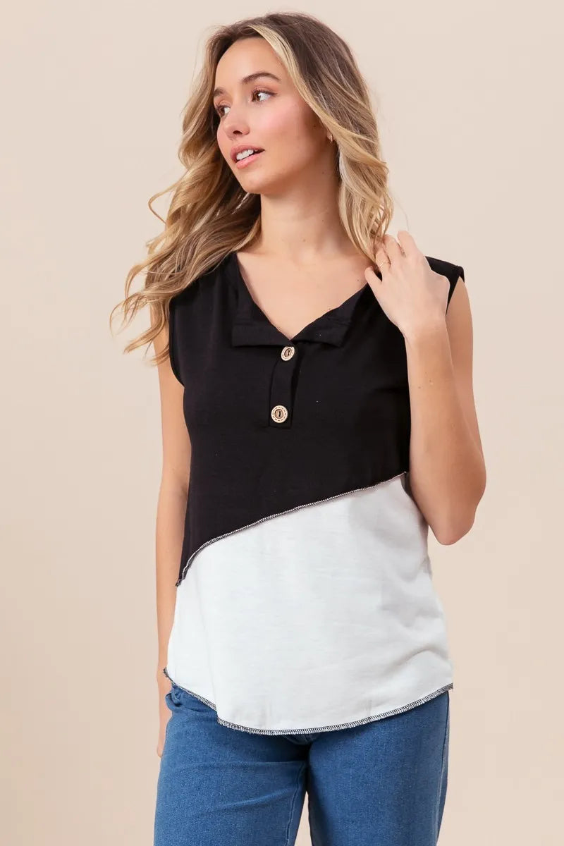 BiBi Color Block Contrast Stitching Buttoned Henley Top OutfitFlow