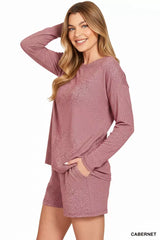 Zenana Soft Melange Long Sleeve Tee and Shorts Set OutfitFlow