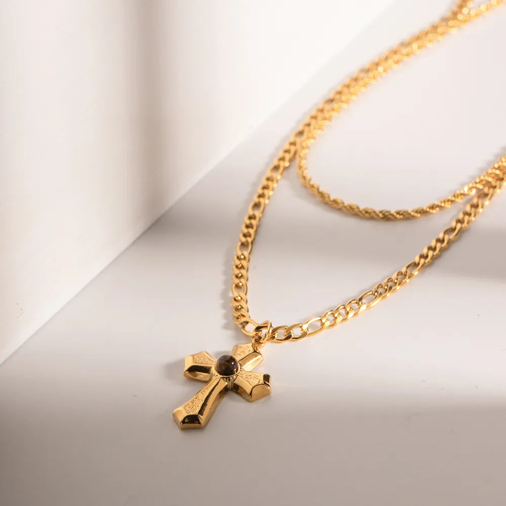 18K Gold-Plated Double Layered Cross Necklace OutfitFlow