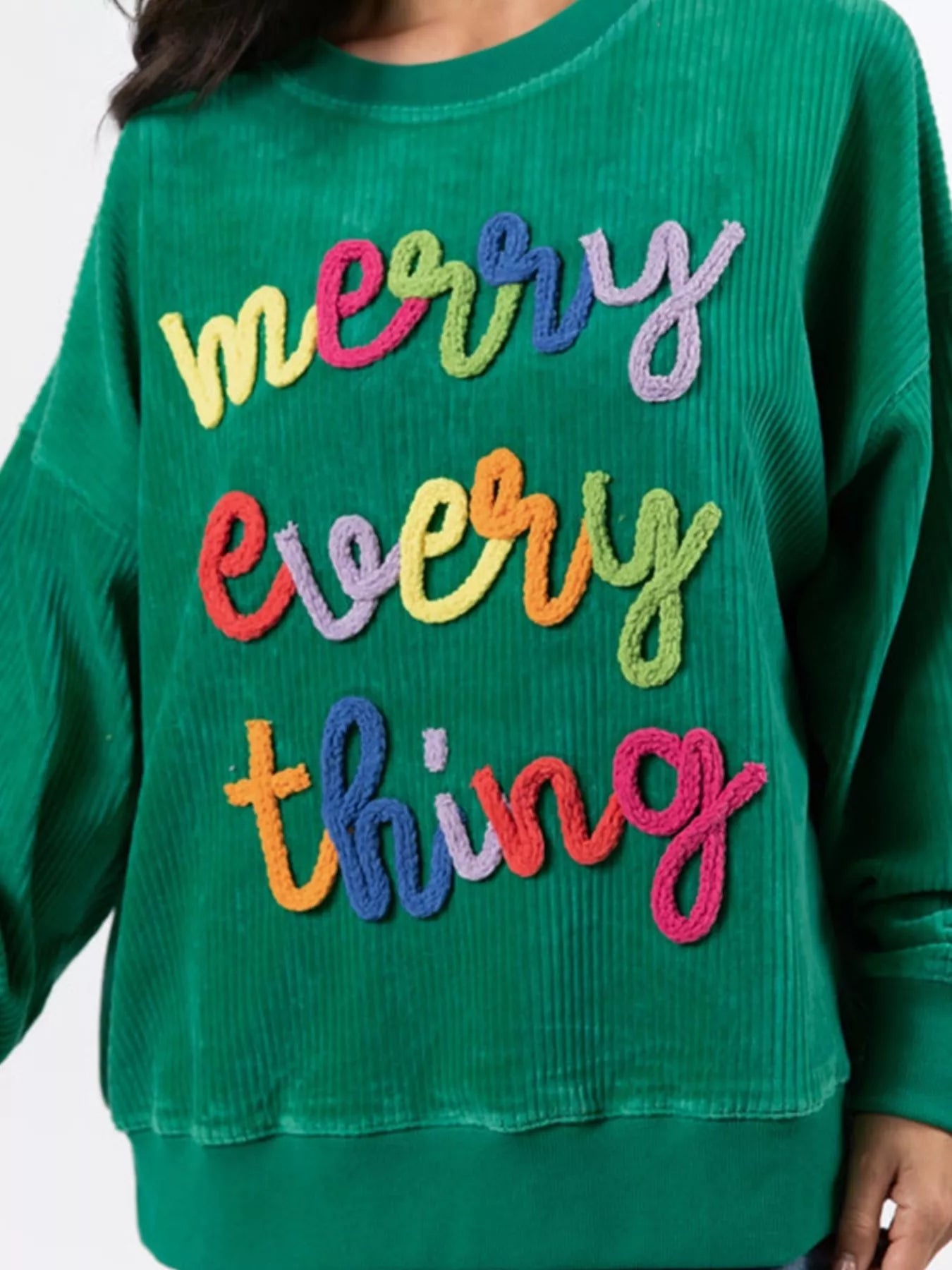 Merry Little Thing Corded Letter Graphic Ribbed Sweatshirt OutfitFlow