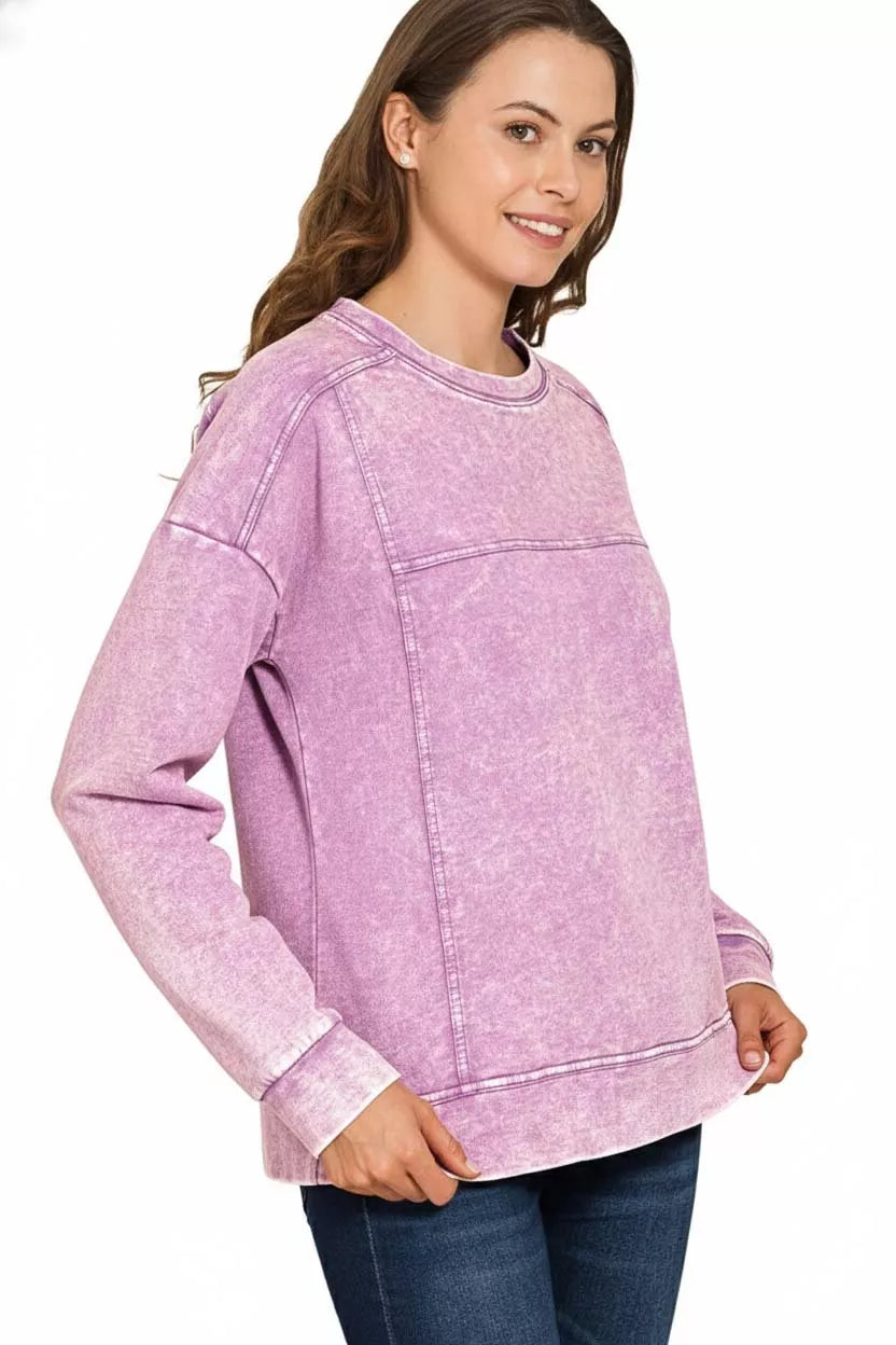Zenana Acid Wash French Terry Exposed-Seam Pullover OutfitFlow