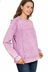 Zenana Acid Wash French Terry Exposed-Seam Pullover OutfitFlow