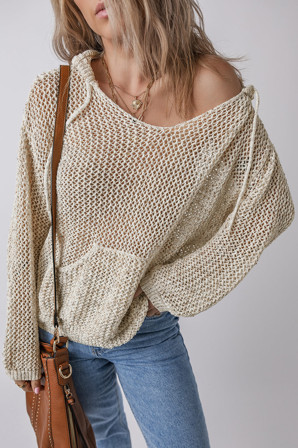 Outfit Flow - Openwork Dropped Shoulder Hooded Knit Top