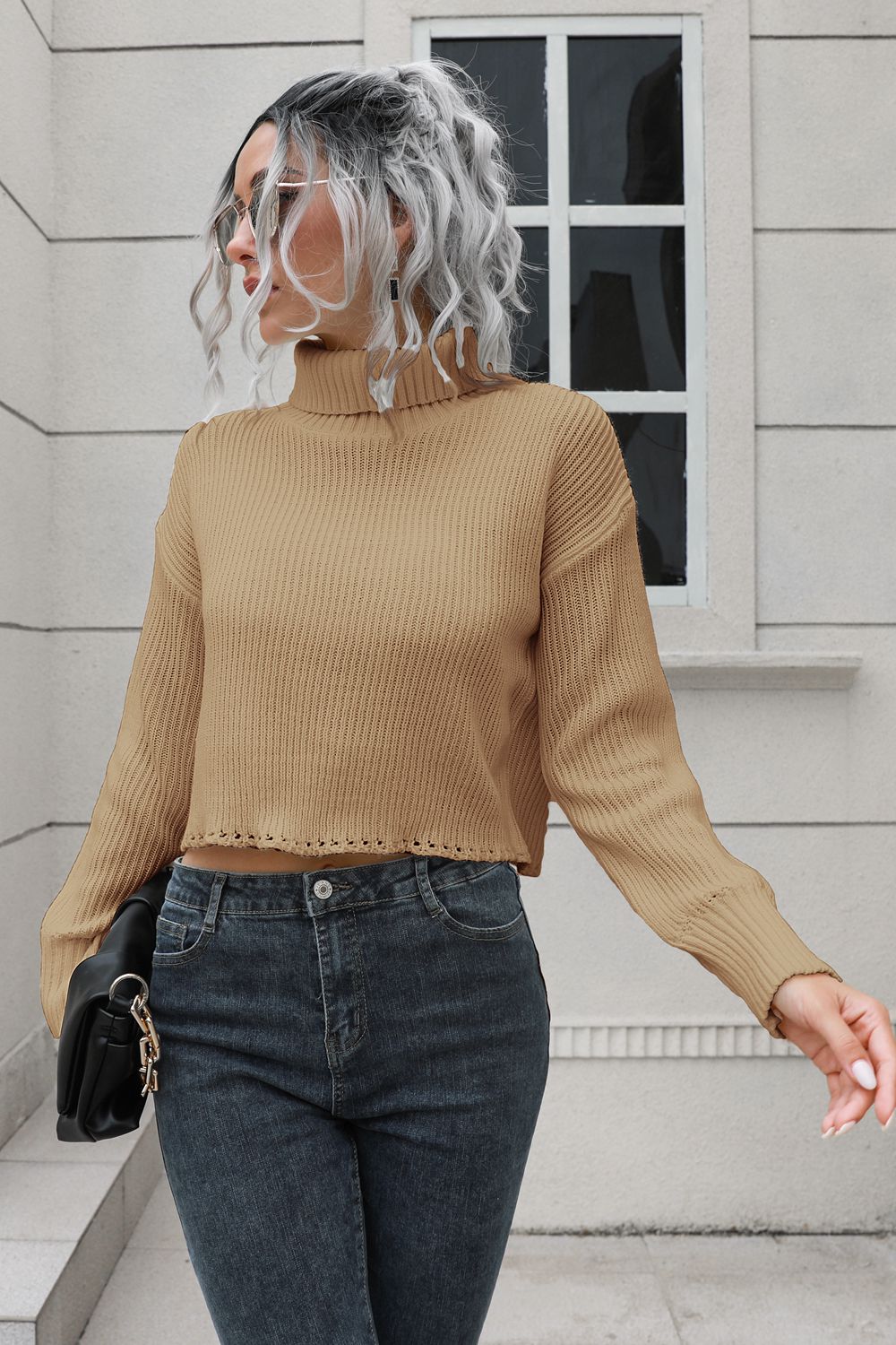 Turtleneck Dropped Shoulder Sweater Trendsi