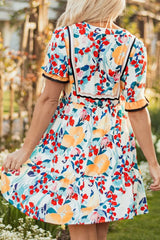 Floral Print Zipper Ruffled Short Sleeve High Waist Mini Dress OutfitFlow