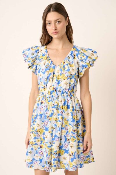 Mittoshop Floral V-Neck Cap Sleeve Mini Dress Blue OutfitFlow