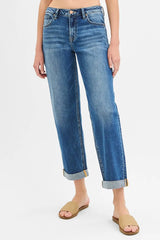 RISEN Full Size Mid Rise Boyfriend Roll Up Jeans Plus Size OutfitFlow