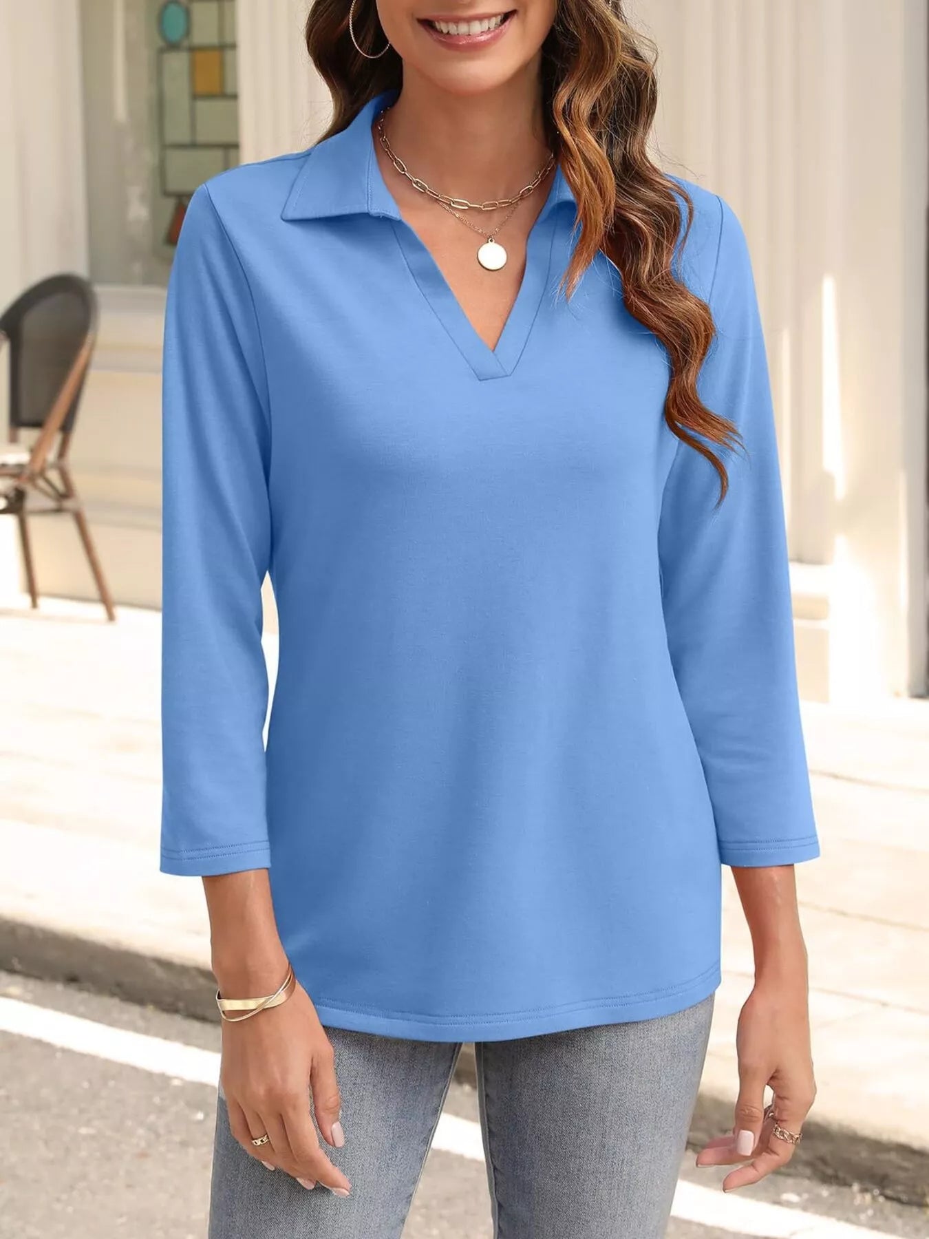 Johnny Collar Solid Color Top Sky Blue OutfitFlow