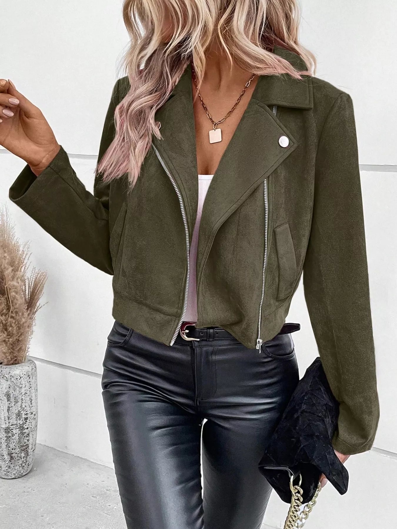 Suede Moto Jacket with Zip Detail Trendsi
