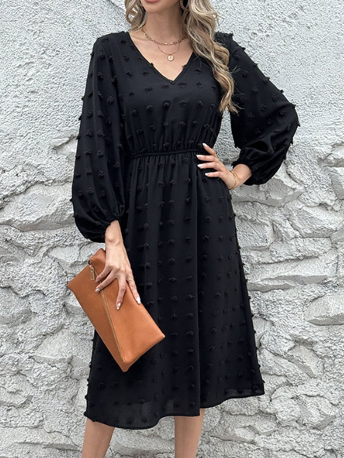 Outfit Flow - Full Size Swiss Dot V-Neck Long Sleeve Midi Dress