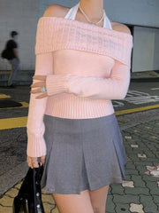 Off-Shoulder Cable Knit Sweater Pink OutfitFlow