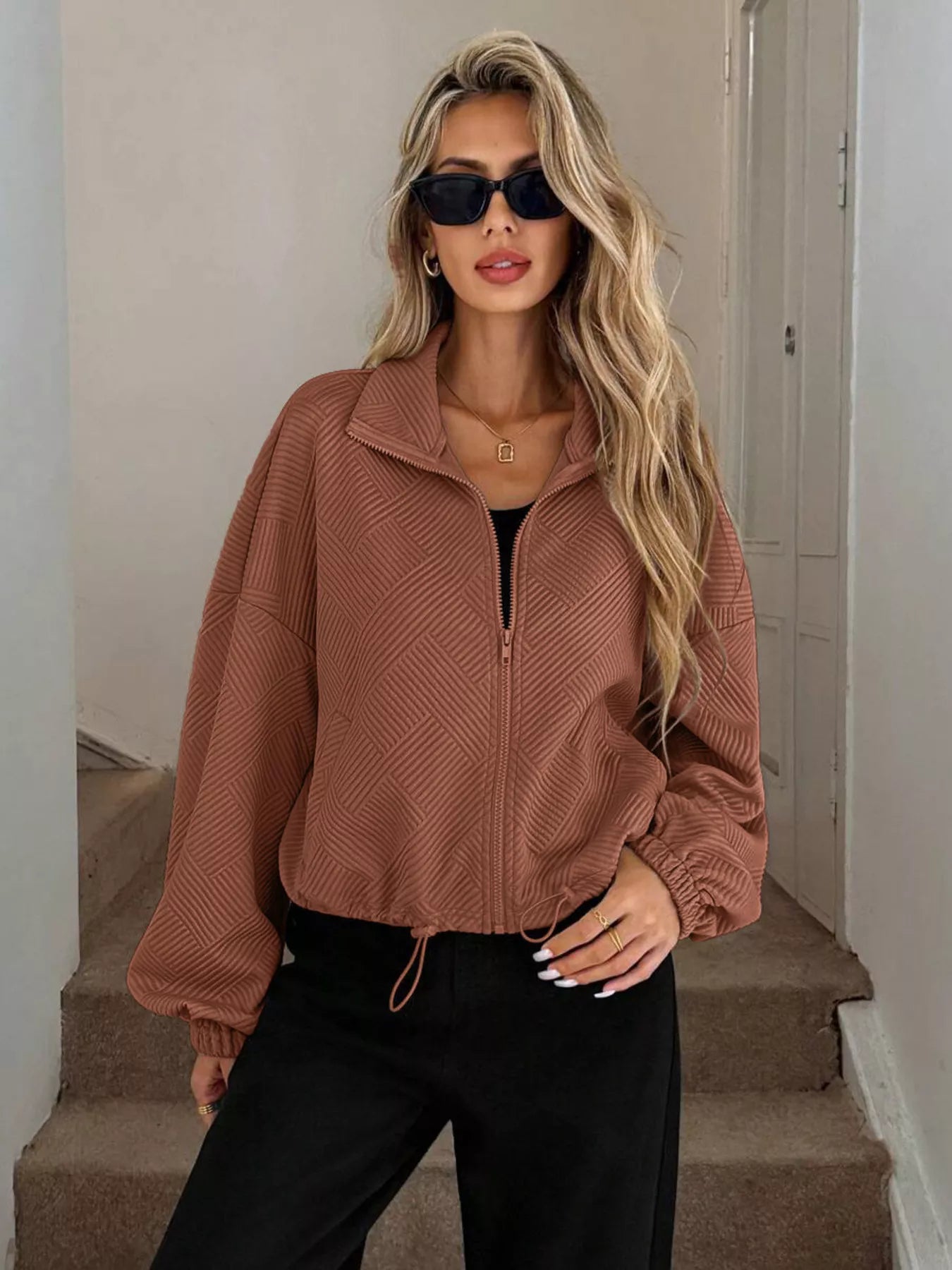 Drawstring Hem Textured Long Sleeve Jacket OutfitFlow