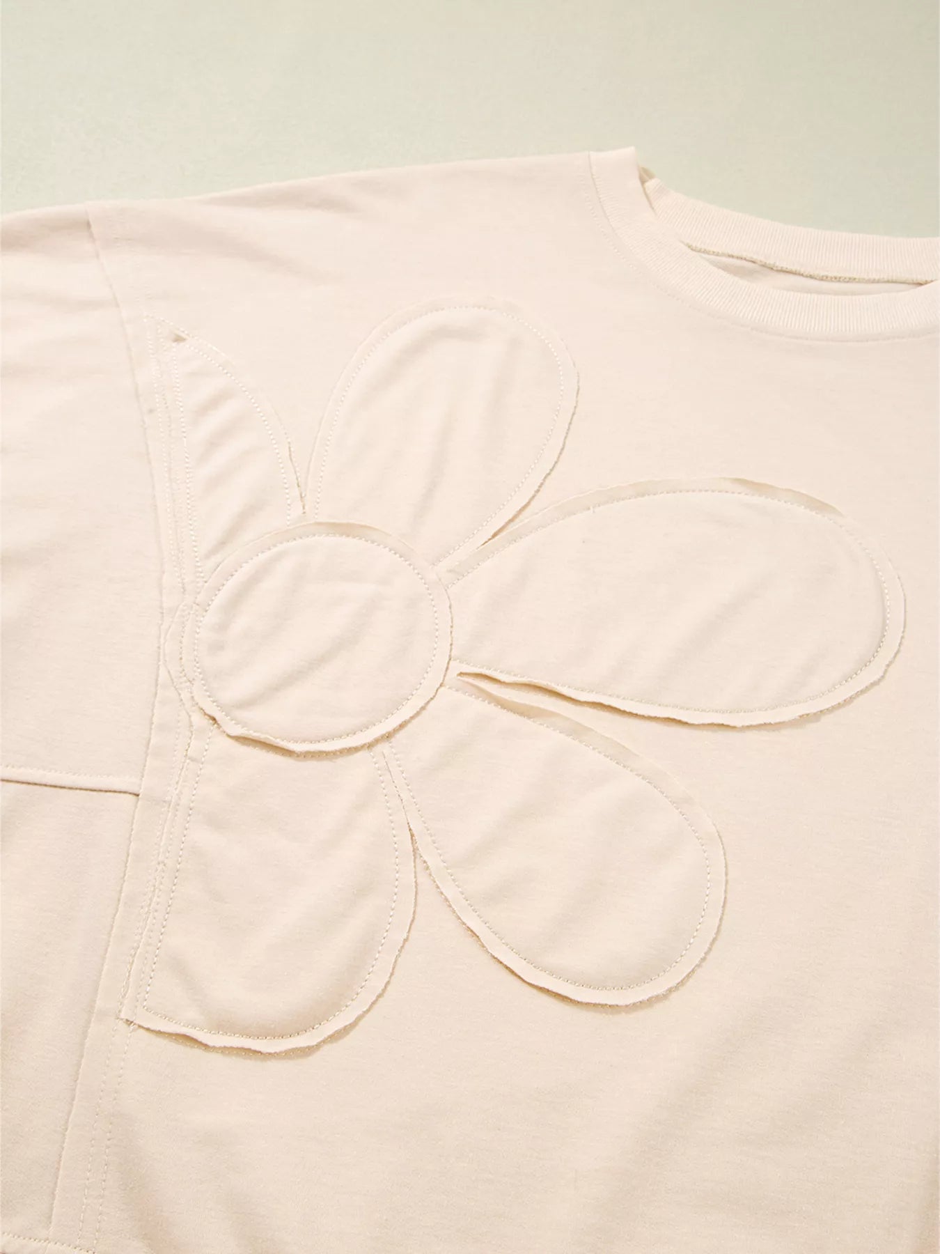 Raw Edge Flower Patch Drop Shoulder Casual Top OutfitFlow
