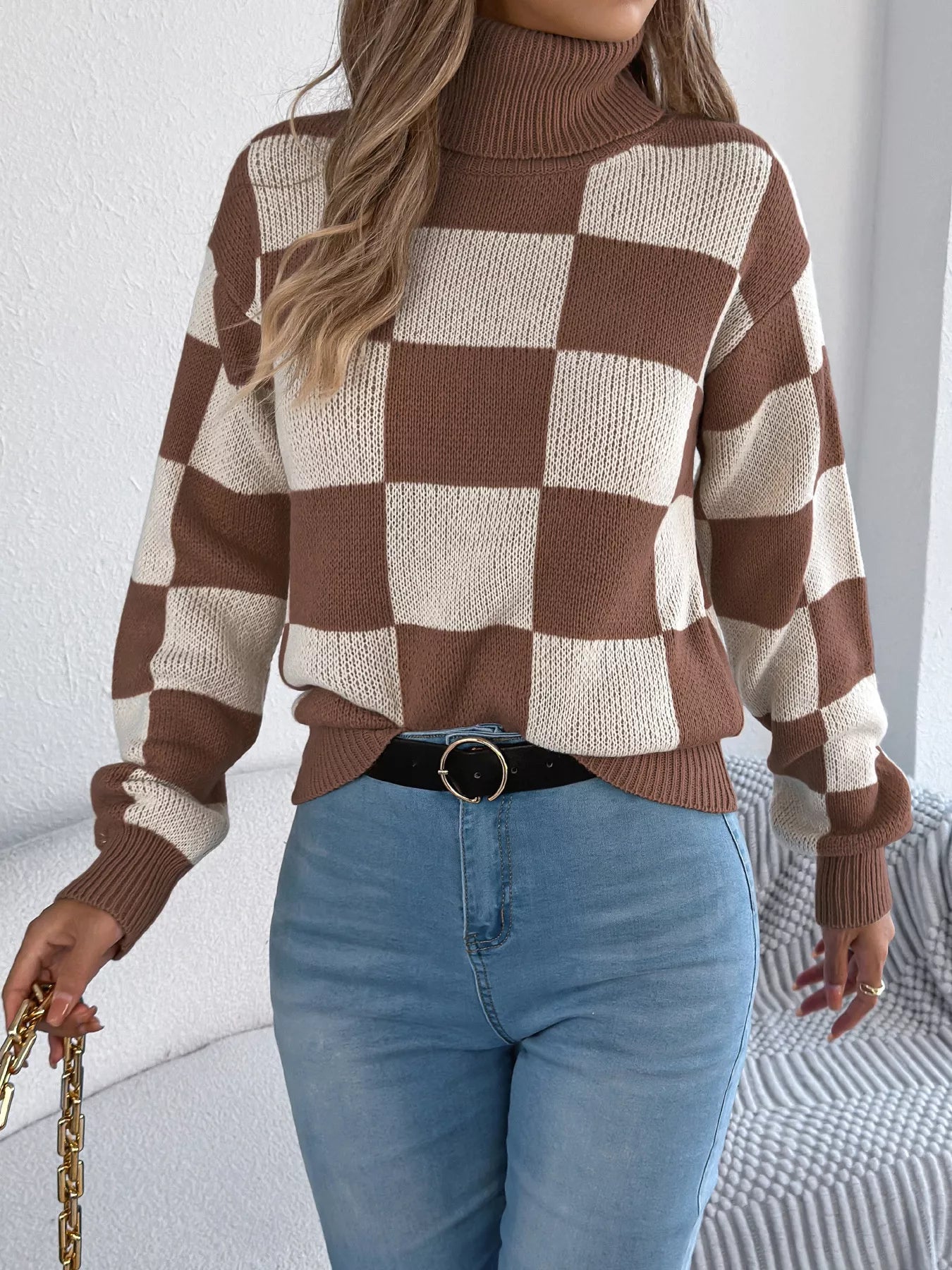 Checkered Turtleneck Long Sleeve Sweater OutfitFlow