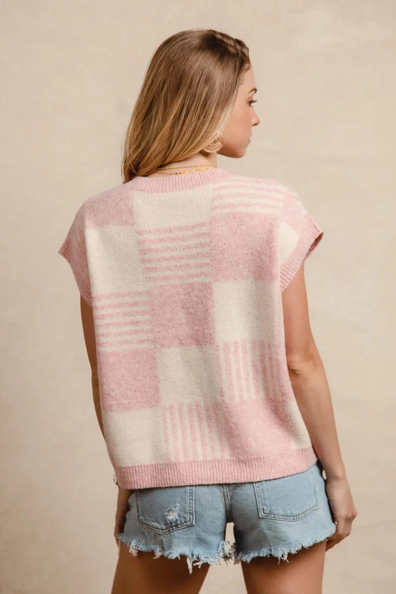 BiBi Checker With Stripes Pattern Sleeveless Sweater OutfitFlow