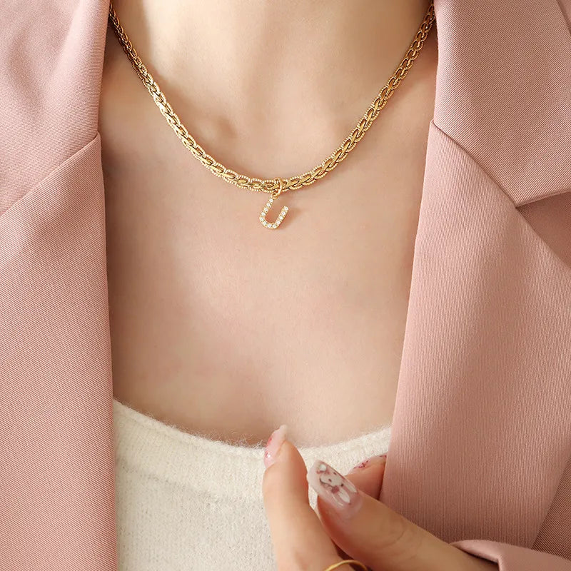 Brass Inlaid Zircon Letter Pendant Necklace Style U One Size OutfitFlow