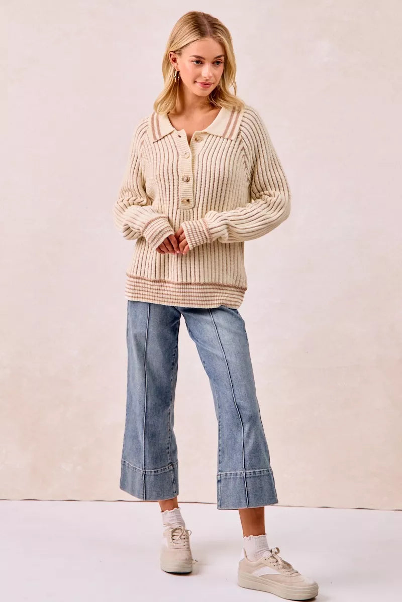 BiBi Half Button Ribbed Two Tone Sweater OutfitFlow