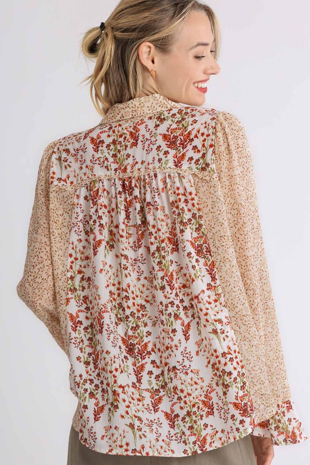 Umgee Full Size Mixed Print Metallic Detail Long Ruffle Sleeve Button Down Shirt Plus Size OutfitFlow