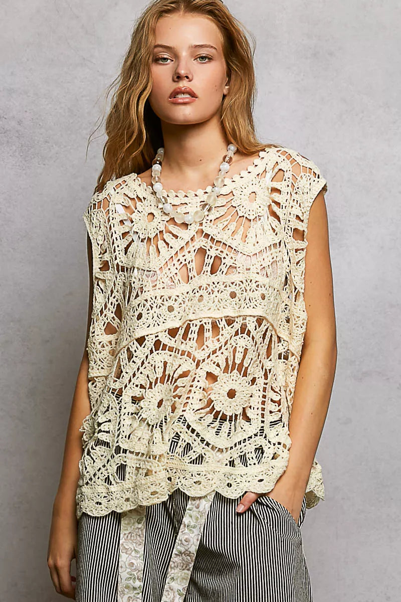 POL Openwork Round Neck Floral Crochet Tank CREAM One Size Trendsi