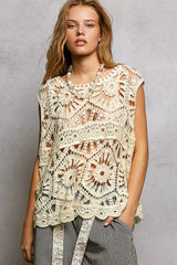 POL Openwork Round Neck Floral Crochet Tank CREAM One Size Trendsi
