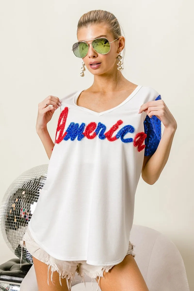 BiBi Metallic Letter V-neck Sequin Sleeves Top OutfitFlow