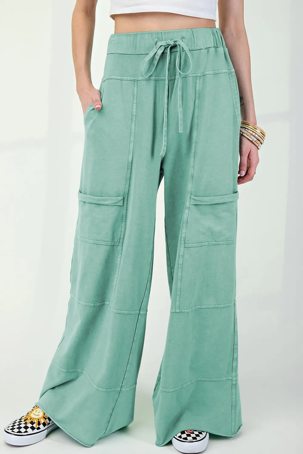 Mineral Wash Exposed Seam Drawstring High Waist Wide Leg Cargo Pants Gum Leaf OutfitFlow