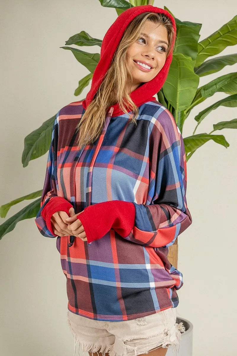 BiBi Plaid Mirr Brushed Rib Contrast Thumb Open Hoodie OutfitFlow