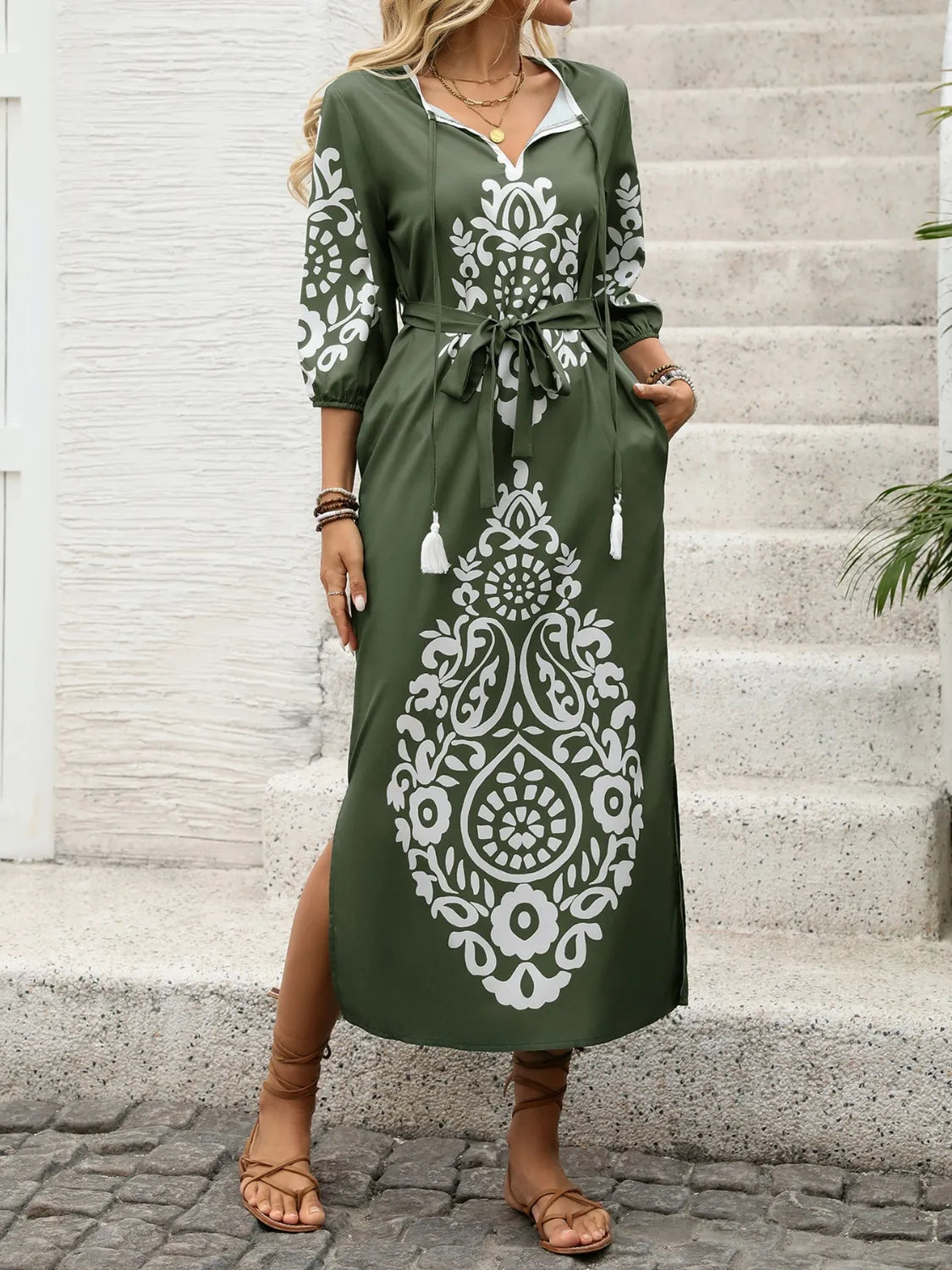 Side Slit Printed Tie Neck Dress OutfitFlow