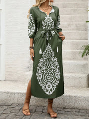 Side Slit Printed Tie Neck Dress OutfitFlow