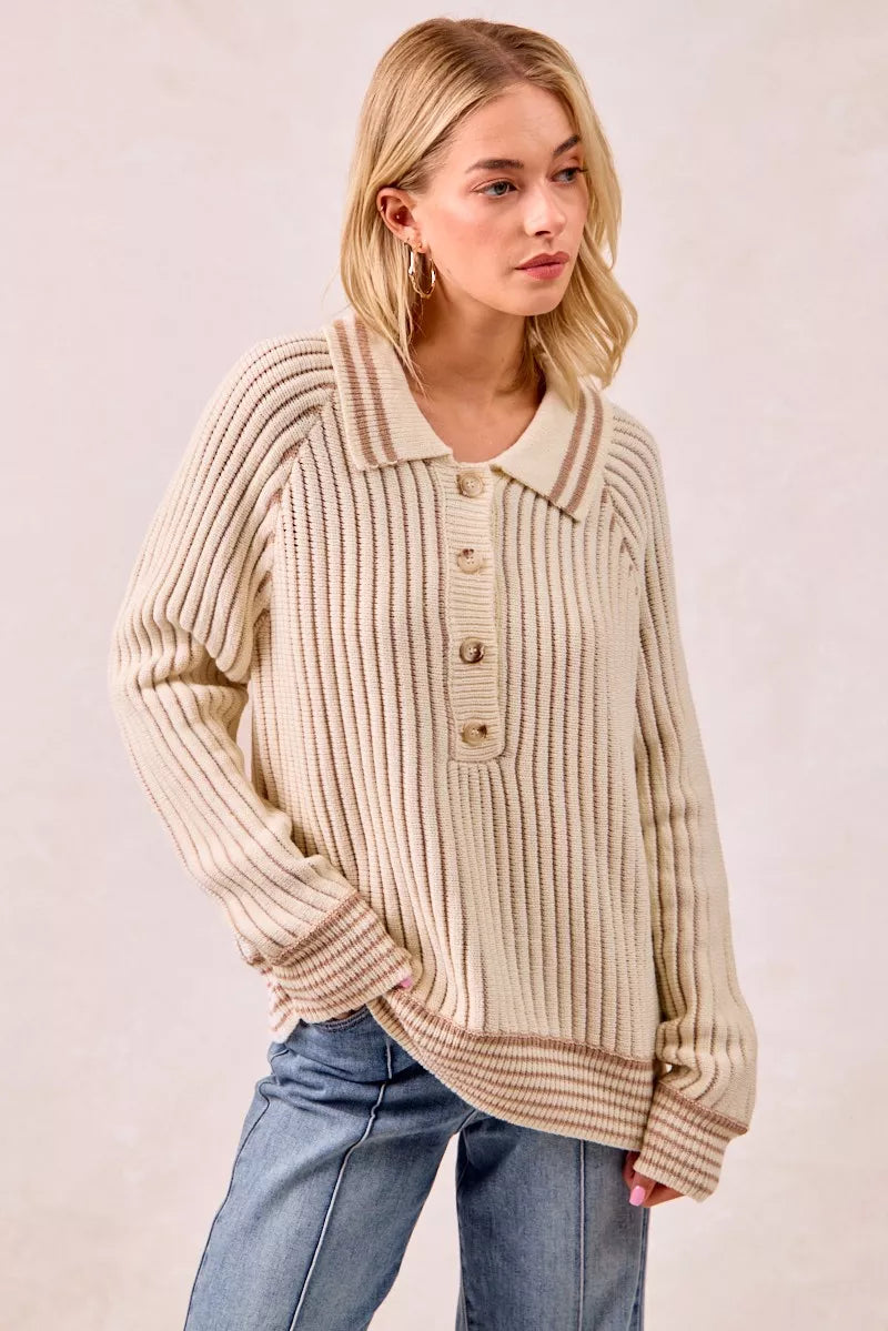 BiBi Half Button Ribbed Two Tone Sweater OutfitFlow