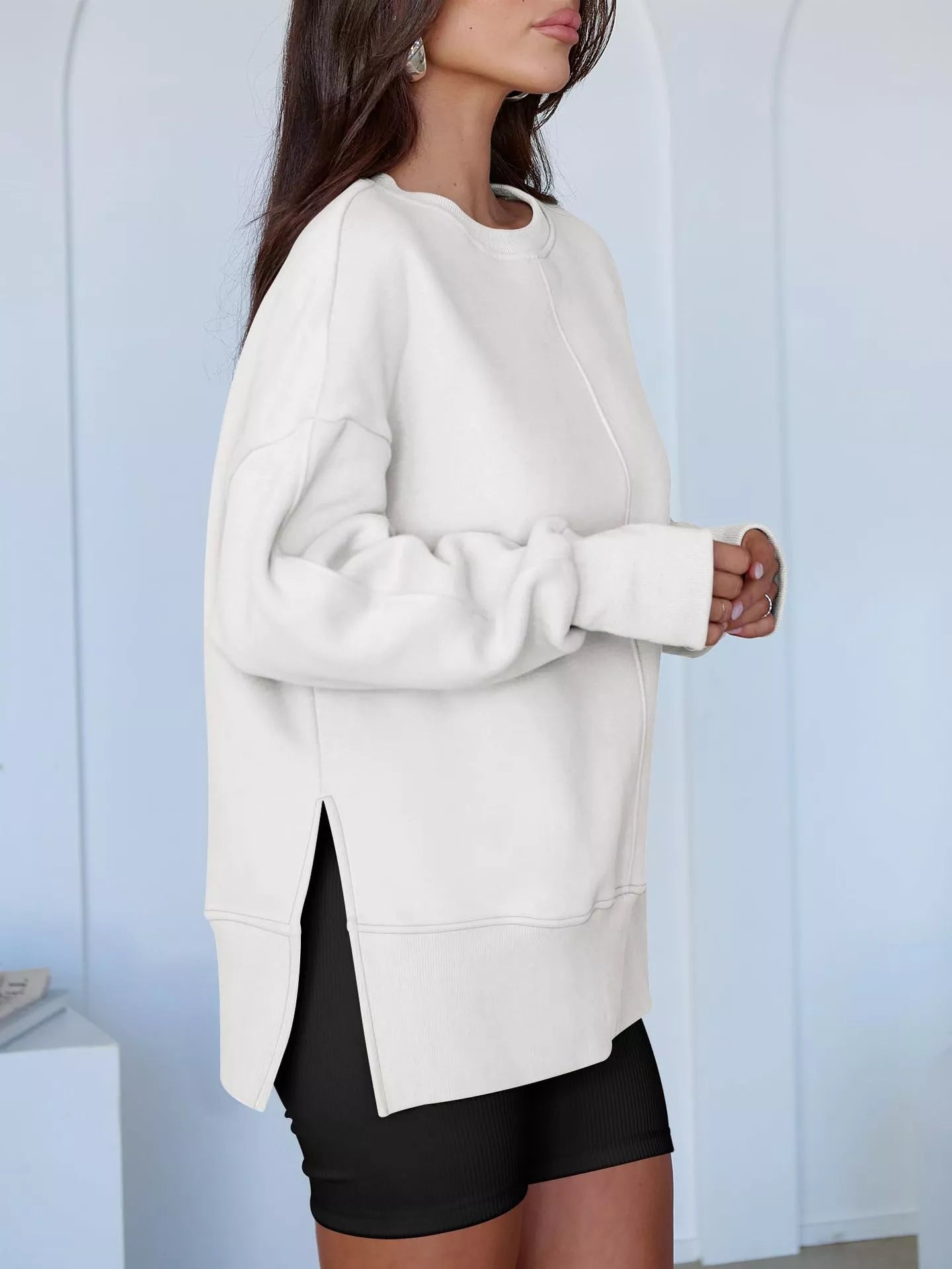 Side Slit Round Neck Long Sleeve Sweatshirt OutfitFlow